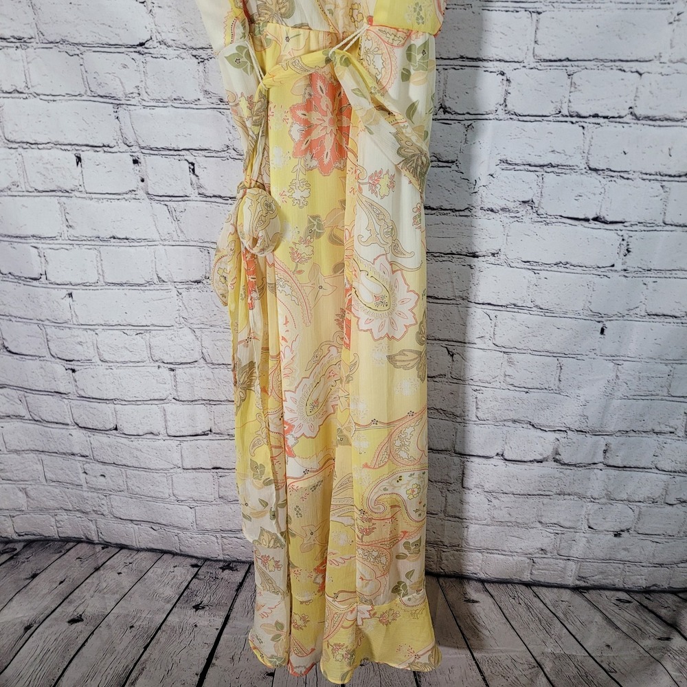 Ellen Weaver Sz‎ 10 Yellow Maxi Dress V Neckline Chiffon Summer Empire Faux Wrap - Picture 4 of 8